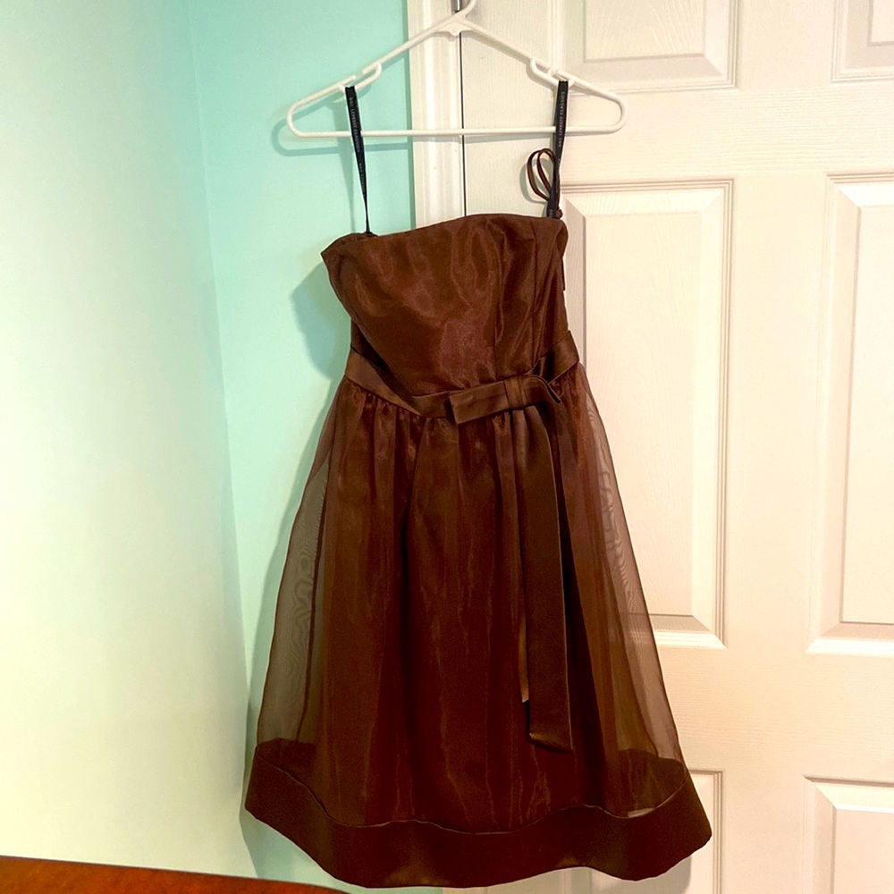 Strapless (comes with adjustable straps) brown dress from Bill Levkoff.